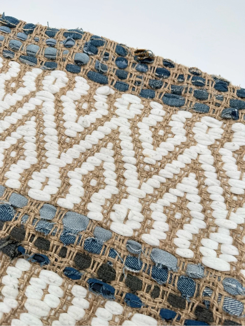 Merchant 41 18x18 Boho Woven Jute Denim Throw Pillow Cover Geometric Blue Cream